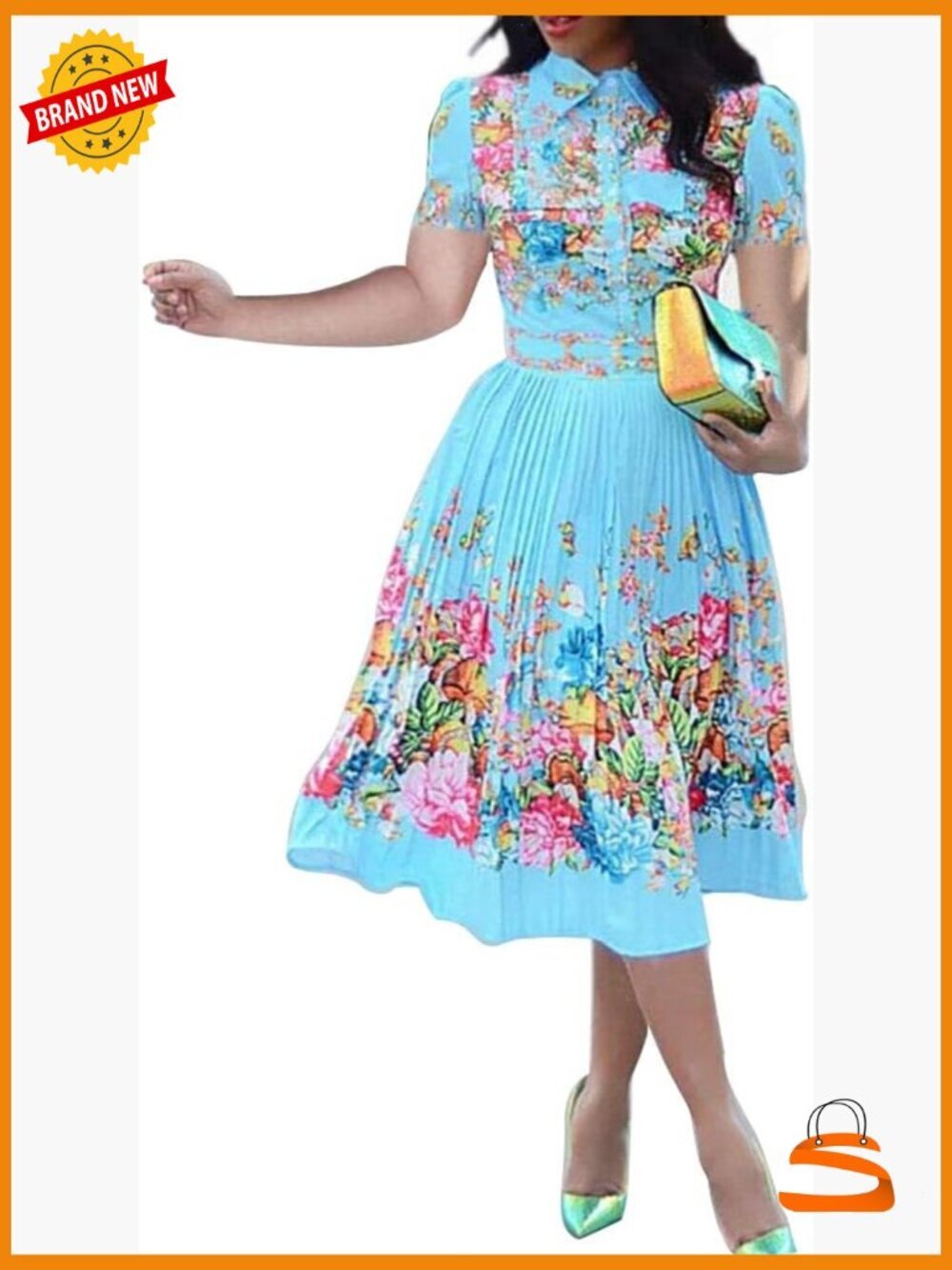 Sheath Dress - Pleated Floral Short Sleeve Knee Length